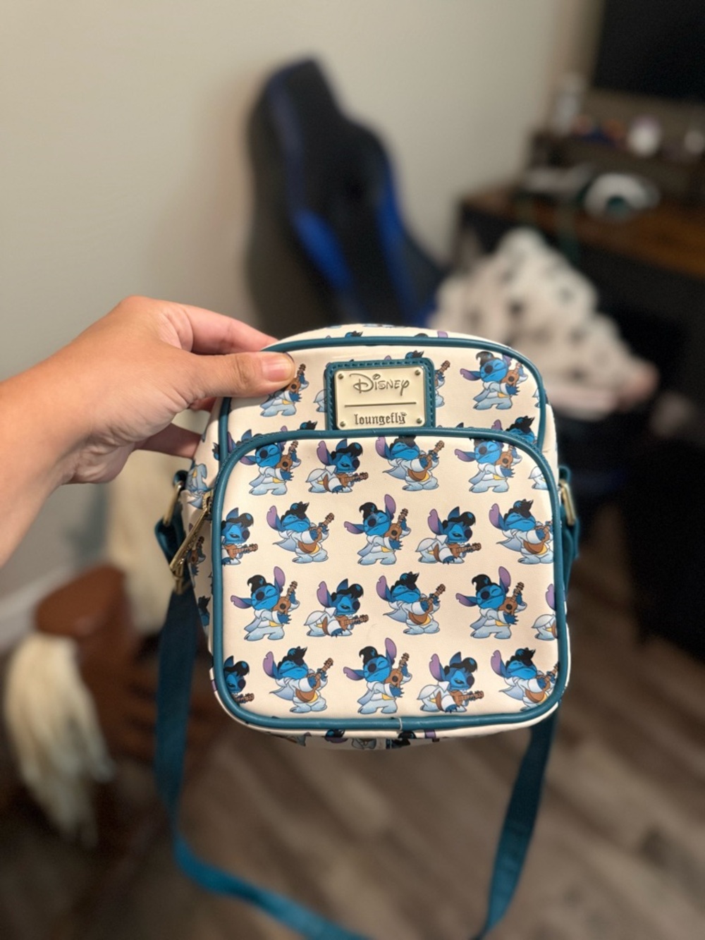 Loungefly Blue and Cream RETIRED Elvis/Stitch Pattern Mini Crossbody